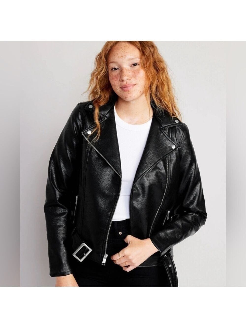 Old Navy Belted Faux Leather Grunge Goth Fall Biker Moto Jacket Coat L